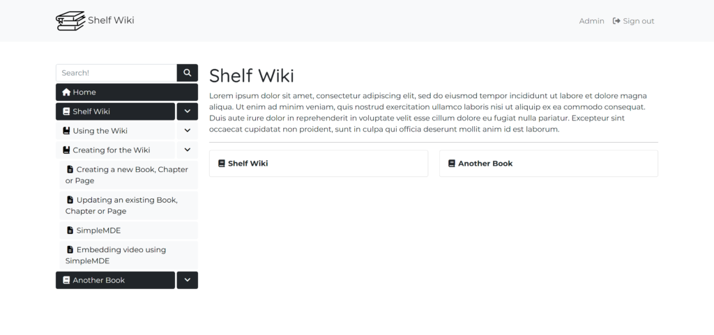 A screenshot of Shelf Wiki showing the search bar above the navigation on the left hand side and Wiki content on the right.