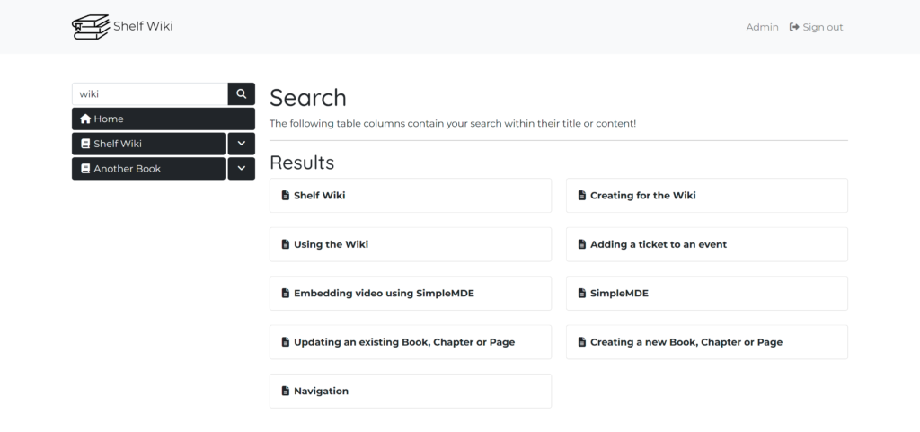 A screenshot of Shelf Wiki showing the search results page, with the search bar above the navigation on the left hand side and search results on the right.